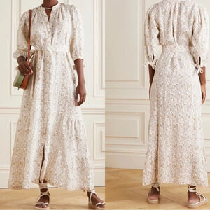 NWT Hannah Artwear Camellia Print Linen Maxi Tiered Puff Sleeve Long Maxi Dress